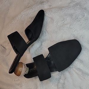 Black Two-Strap Pointed Mule Heels with Sculpted Wooden Ball Heel